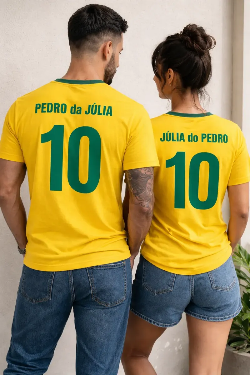Kit 2 Camisetas Personalizadas Casal Brasil Nome E Número Amarelo Bandeira Desfocada G
