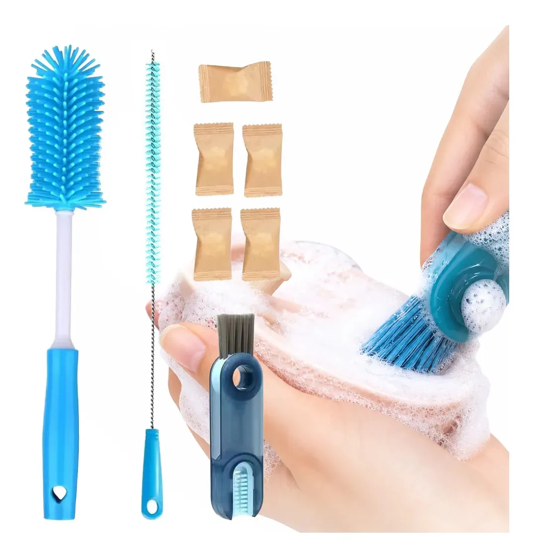 Escova Limpeza Mamadeira Copos Espuma Macia Limpeza Completa Cor Azul Celeste