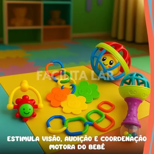 Kit Chocalho para Bebê 8 Peças Brinquedo Educativo Sensorial Mordedor Infantil Colorido Desenvolvimento Motor