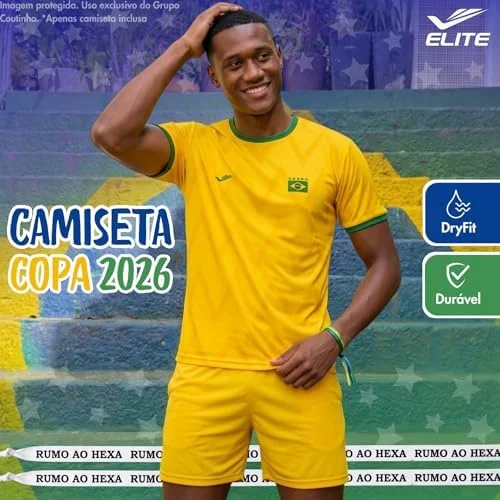 Camisa do Brasil Masculina Copa 2026 Camiseta Torcedor Seleção Brasileira Elite Dry Fit Bandeira 5 Estrelas Gola Verde