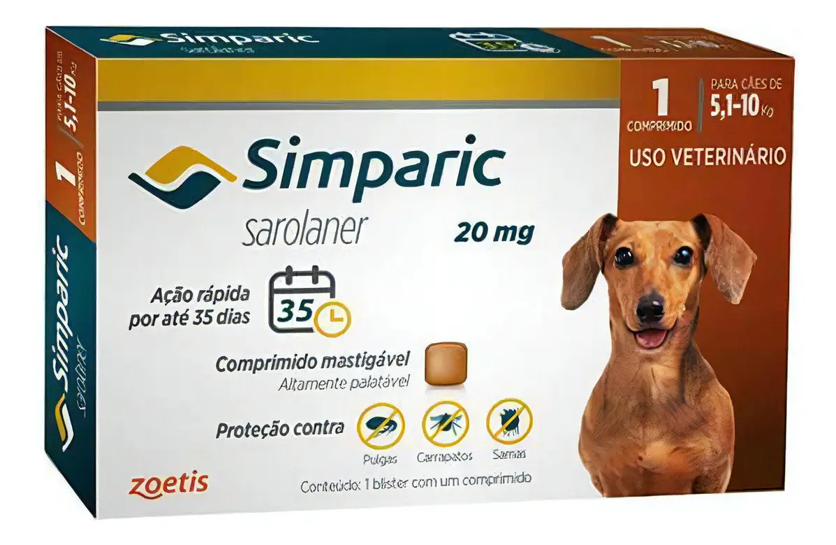 Simparic 20mg Comprimido Antipulgas Carrapatos Cães 5 A 10kg Marrom
