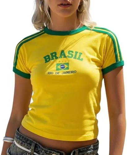 Camisa Brasil Bordada BabyLook Feminina