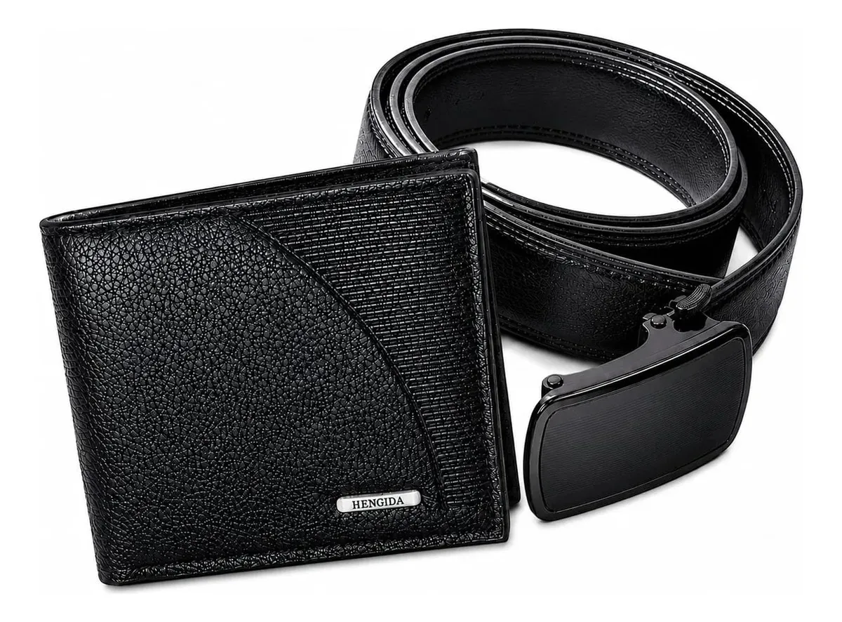 Kit De Carteira E Cinto Masculina Em Couro Sintético Preto