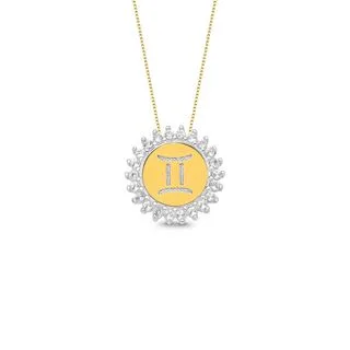 Pingente Medalha Signo Gemêos em Prata 925 e Ouro Amarelo 18k com Topázios Incolores, 15.4mm