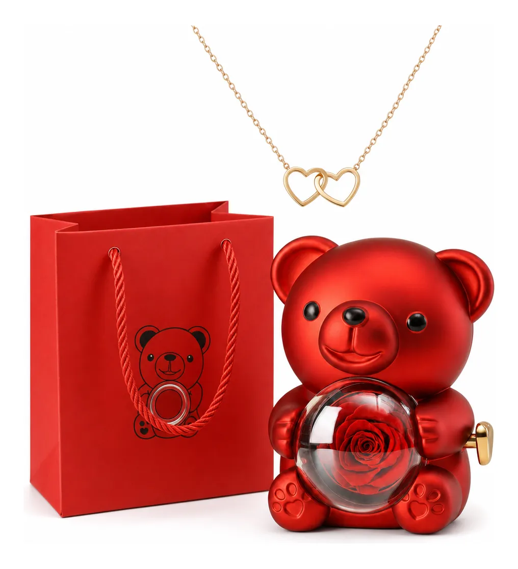 Presente Dia Dos Namorados Urso Rosa Eterna + Colar Coração Dourado