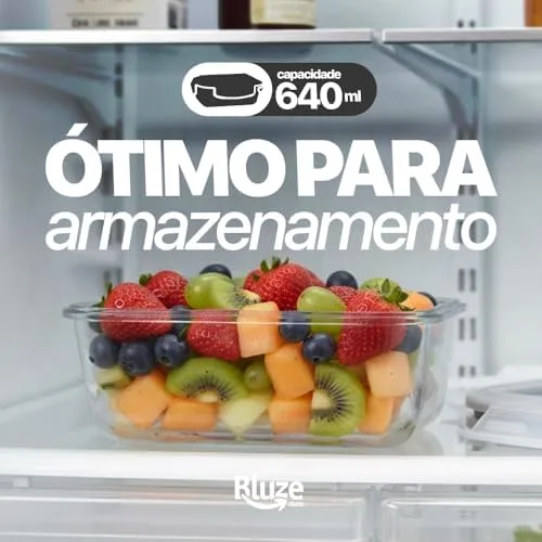Kit 6 Potes de Vidro Borossilicato Retangular 640ml Marmita Com Tampa Hermética 4 Travas Resistente Livre de BPA Ideal para Conservação de Alimentos Freezer Micro-ondas Lava-louças Premium
