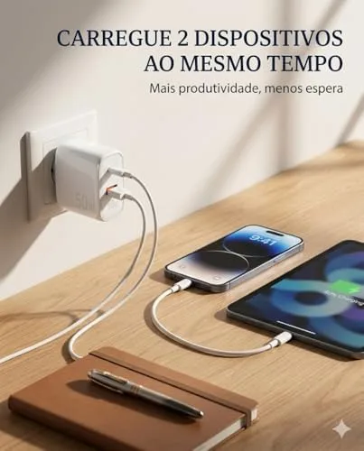 Carregador 50W + Cabo Compatível i.Phone, i.Phone X Xr 8 11 12 13 14 Plus Pro Max i.Pad, Carregamento Ultra Rapido, Fonte USB-C, Carga Rápida, Produto Homologado Anatel