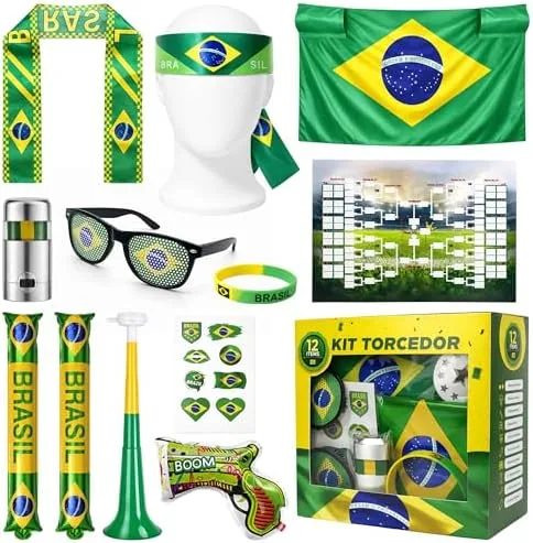 MBOX Kit Torcedor Brasil Copa 2026 12 Peças – Fantasia Completa com Faixa Cabeça, Óculos, Bandeira 150x90cm, Bastões Infláveis, Corneta, Tinta Facial e Lança Confete – Festa Churrasco