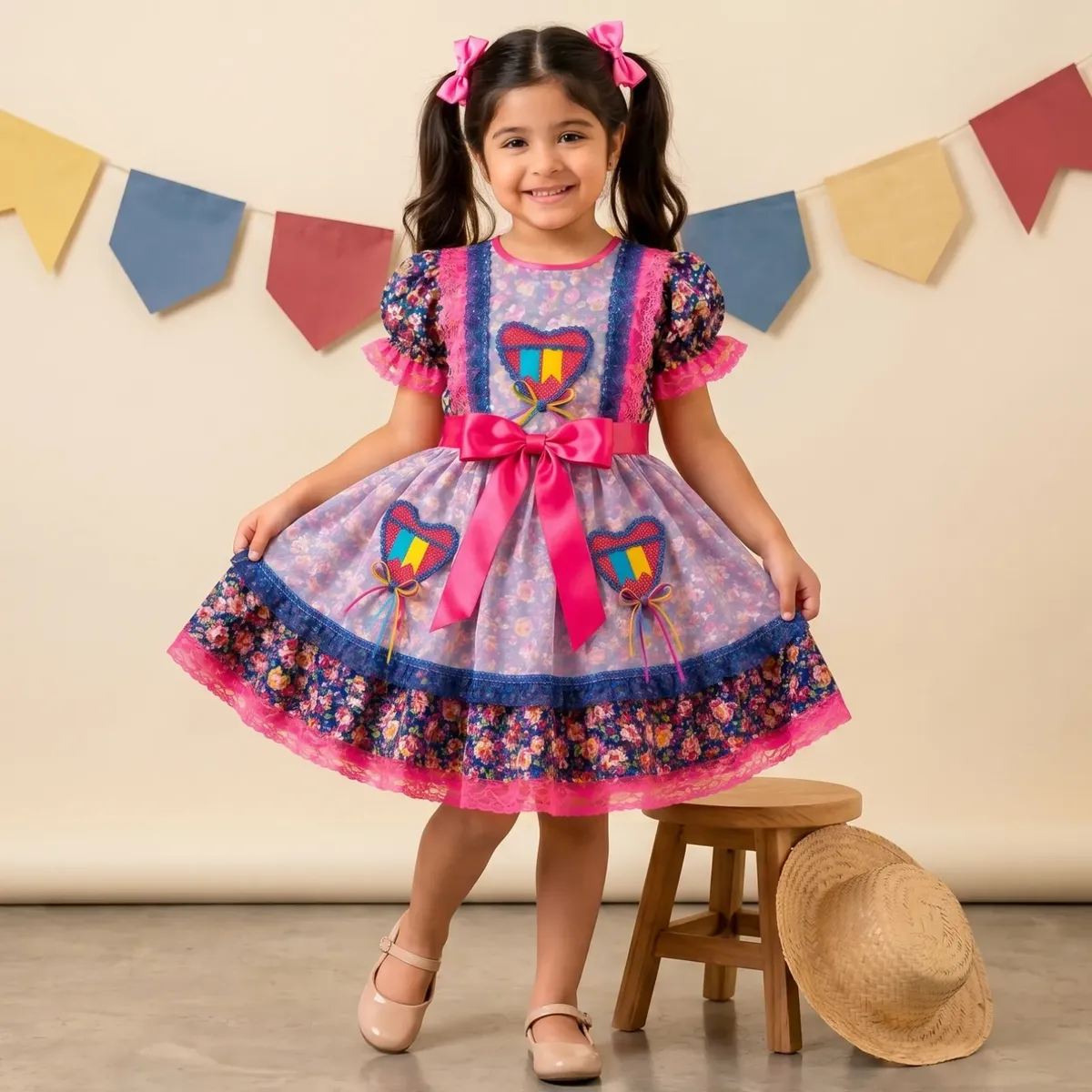 Vestido Festa Junina Infantil Menina Florido Caipira Arraia Rosa M