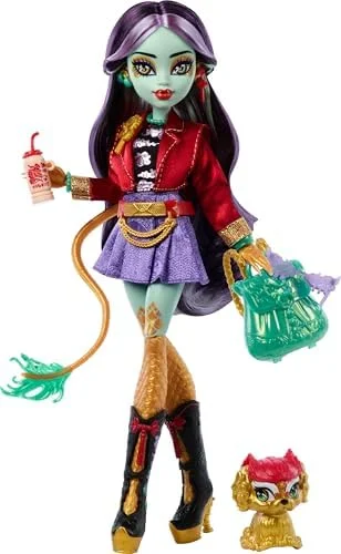 Monster High Boneca longa Jinafire com dragão com cachorro de estimação "Yun Yun" e 7 acessórios como bloco de esboço, bebida de iogurte, mochila e mais