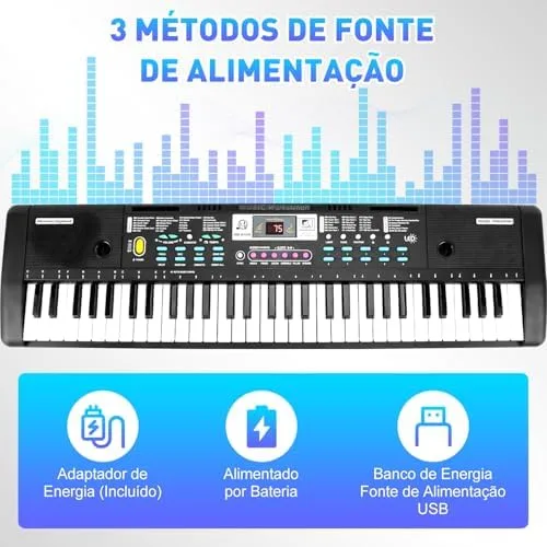 Teclado Musical Digital, 61 Teclas Iluminadas,Piano Digital para Iniciantes, modo de ensino, 200 Tons, 60 canções de demonstração, microfone, suporte musical, Bateria Recarregável
