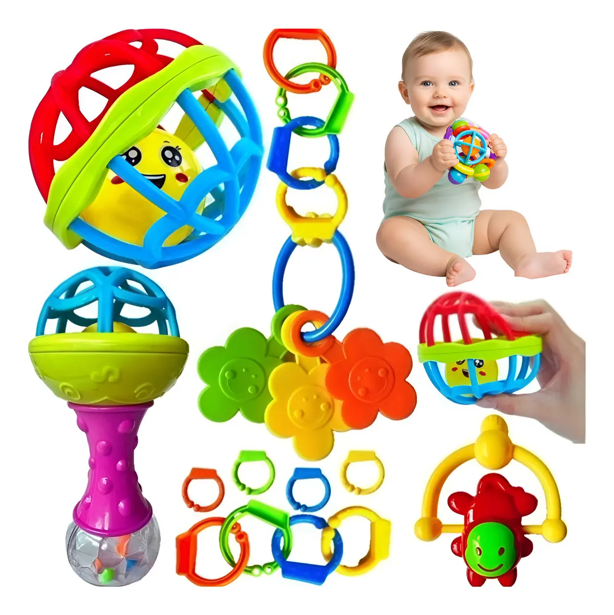 Kit Chocalhos E Mordedores Sensoriais Para Bebê Com 8 Peças Coloridas Mltm Ecom Colorido Diversos