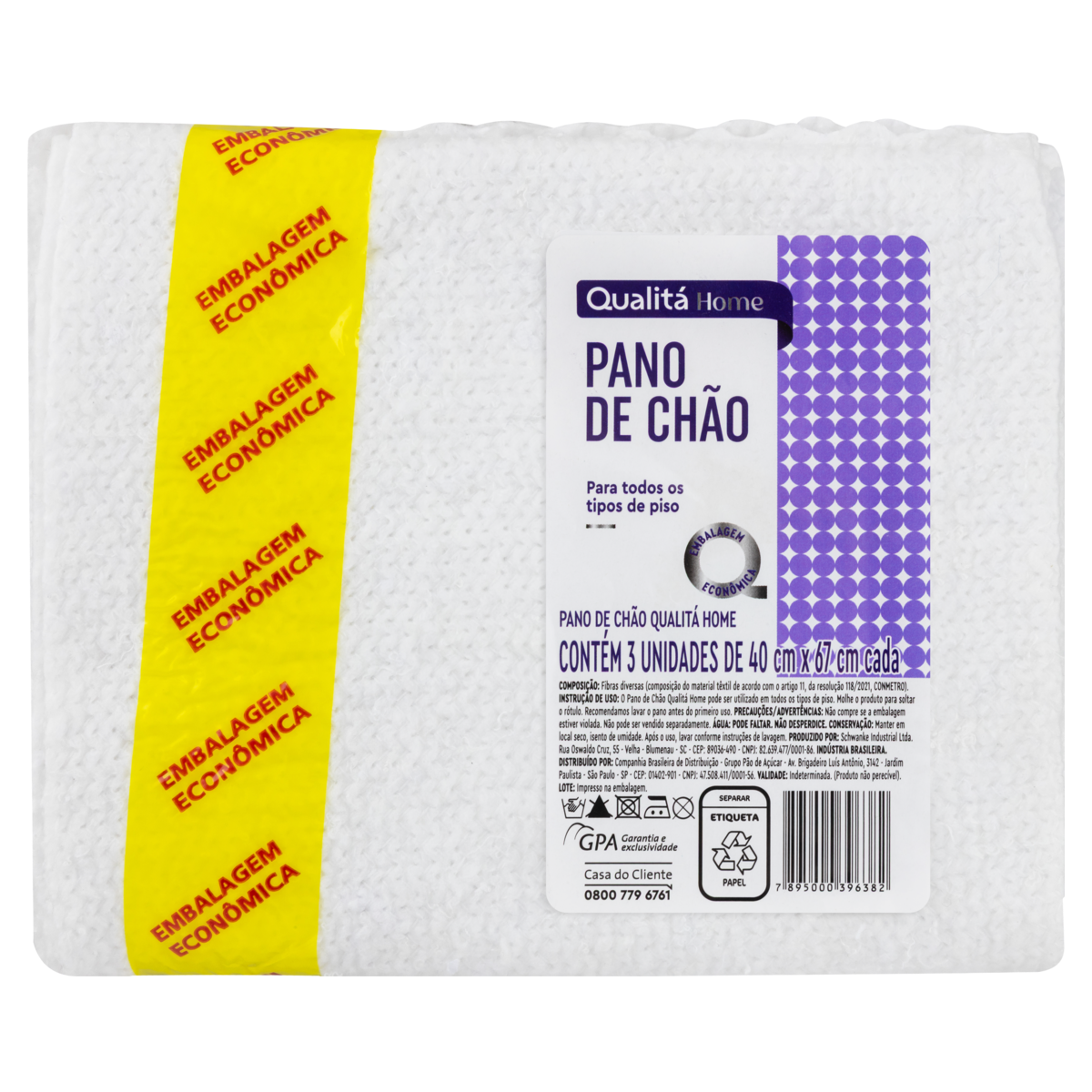 Pano de Chão Branco Qualitá 40cm x 67cm 3 Unidades Embalagem Econômica