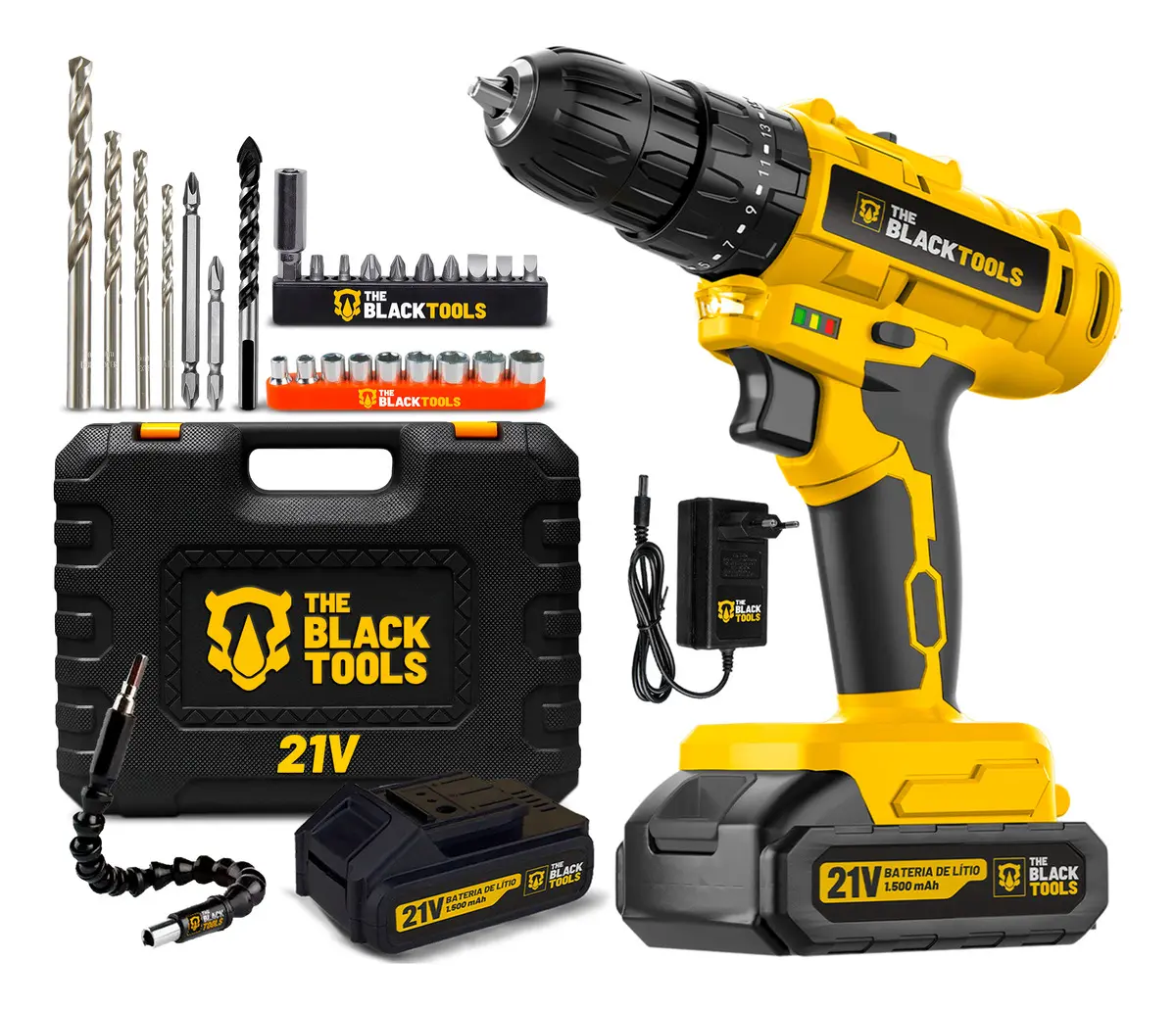 Parafusadeira Furadeira De Impacto A Bateria 21v 3/8 Bivolt 1400 Rpm Com Acessórios E Maleta Tb-21pzw The Black Tools Amarelo 127/220v 60 Hz