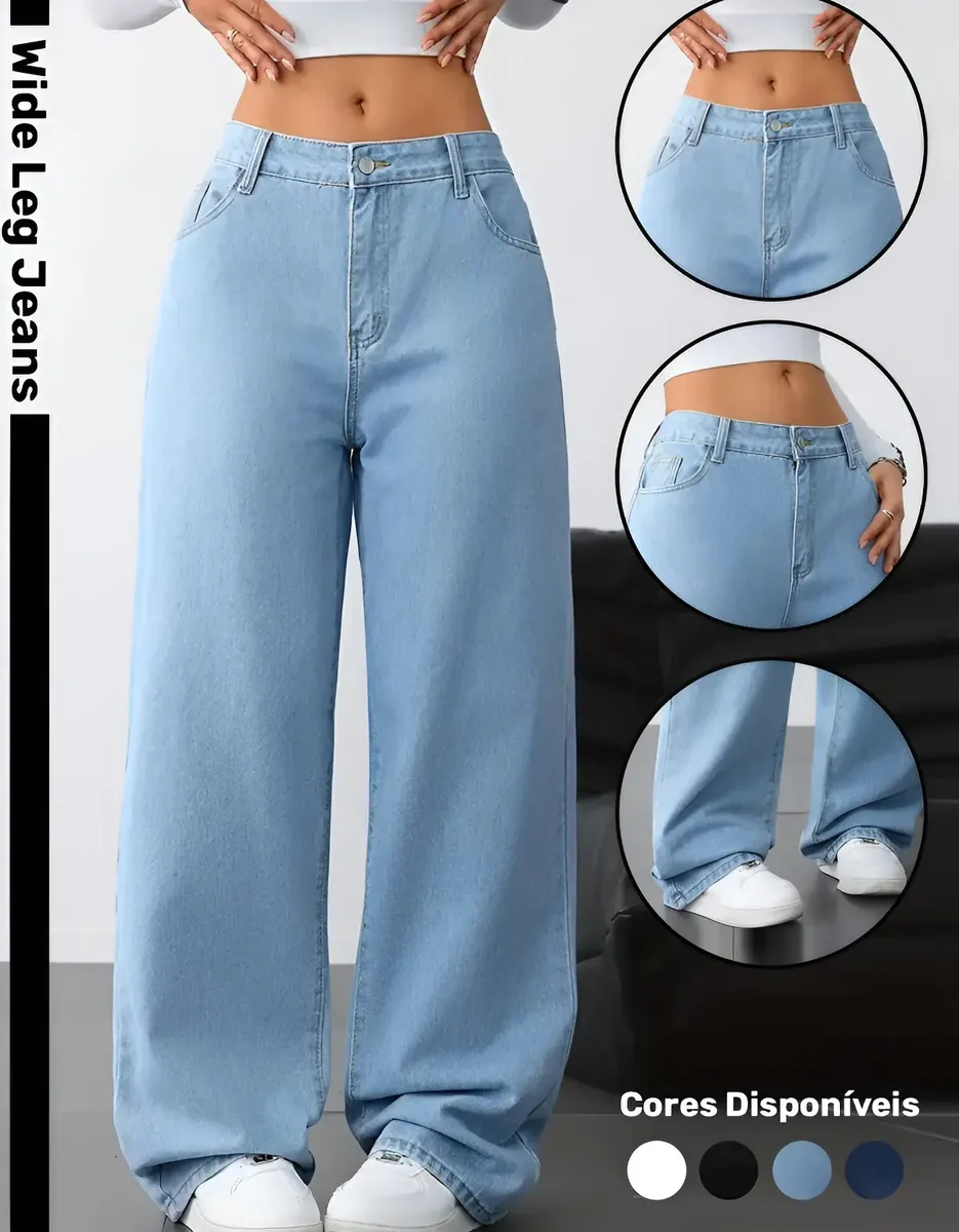 Calça Wide Leg Jeans Feminina Reta Perna Larga Empina Bumbum
