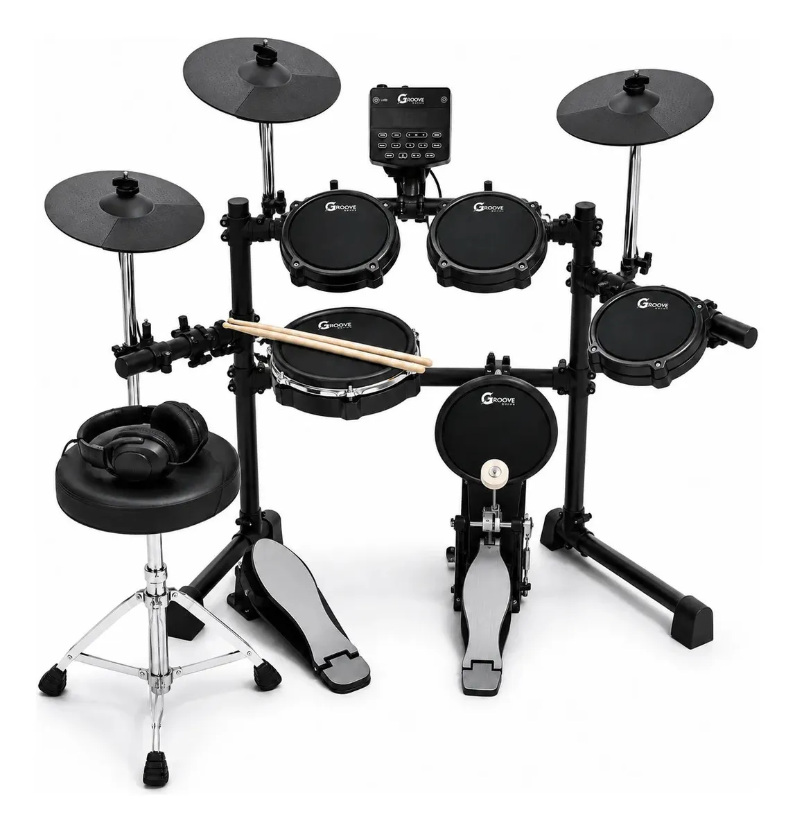 Kit Bateria Eletrônica Completa Groove Drums Edg500 5 Pads Peles Mesh 3 Pratos Profissional Sensibilidade Aro + Banco Fone De Ouvido Preto