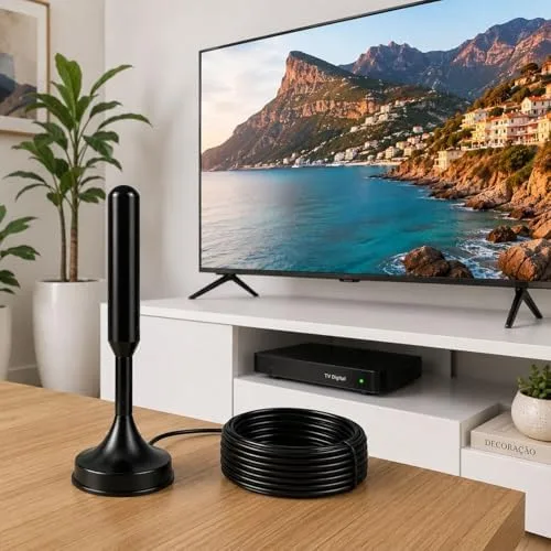 Antena TV Digital Amplificada Interna e Externa HDTV UHF VHF, Base Magnética com Super Ímã, Cabo de Longo Alcance, Compatível com TV Digital Full HD e 4K