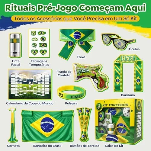 Kit Torcedor Brasil Copa do Mundo 2026 – 12 Peças Completo com Calendário de Jogos, Pintura Facial Hipoalergênica, Bandeira, Óculos, 2 Bastões Infláveis, Corneta e Caixa Presente – Em Busca do Hexa!