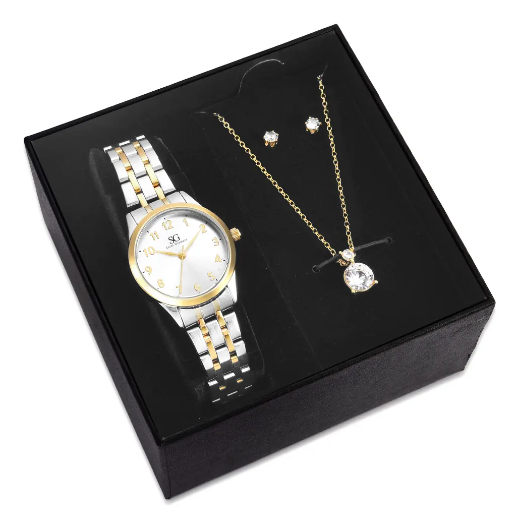 Kit Relógio Colar E Brincos Ponto De Luz Dourado E Prateado Feminino Luxo Saint Germain 28mm