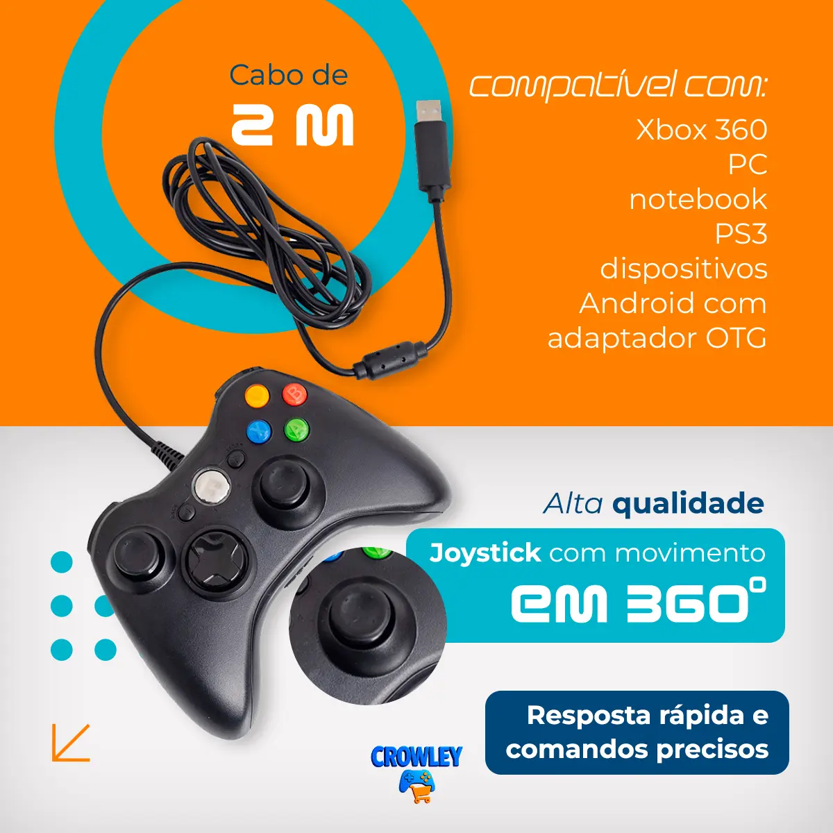 Controle Para Xbox 360 Com Fio Joystick Manete Gamepass Steam Tv Pc Android - Crowley