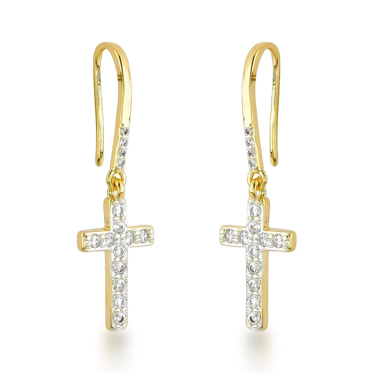 Brincos com Gancho e Cruz de Zircônias Cristais Banhados a Ouro 18k