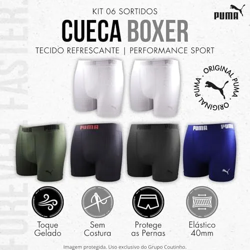 Kit 6 Cuecas Boxer Puma Sem Costura Poliamida Toque Gelado Sport Dry Fit