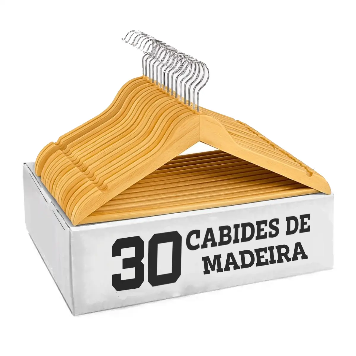 Kit 30 Cabide De Madeira Adulto Grande Antideslizante Slim Marfim