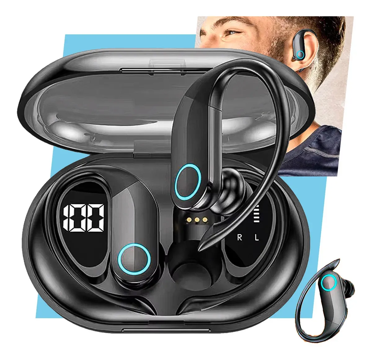 Fone De Ouvido Bluetooth Sem Fio Tws Esportivo Compatível Com iPhone Samsung Xiaomi Lenovo Motorola Xt80 Lp75 Celular Android Ios Academia Caminhada Tipo Gancho Preto
