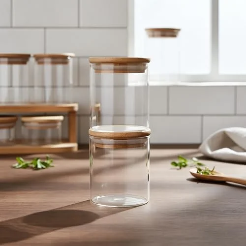Potes Herméticos de Vidro com Tampa de Bambu - Kit 6 Unidades 200ml para Temperos, Grãos, Café e Organização de Cozinha
