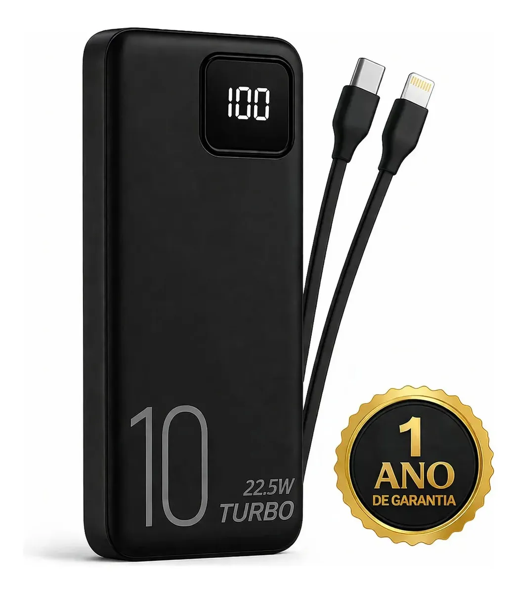 Carregador Portátil Power Bank Turbo Voo Transporte Aéreo 10000mah Universal Para iPhone Samsung Motorlola Xiaomi 22.5w Com Display Digital Dtimp Preto
