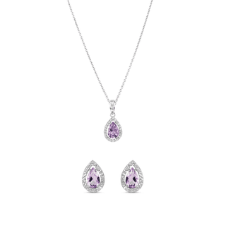 Conjunto Brinco e Colar em Prata 925 com Quartzo Rosa e Topázios Incolores
