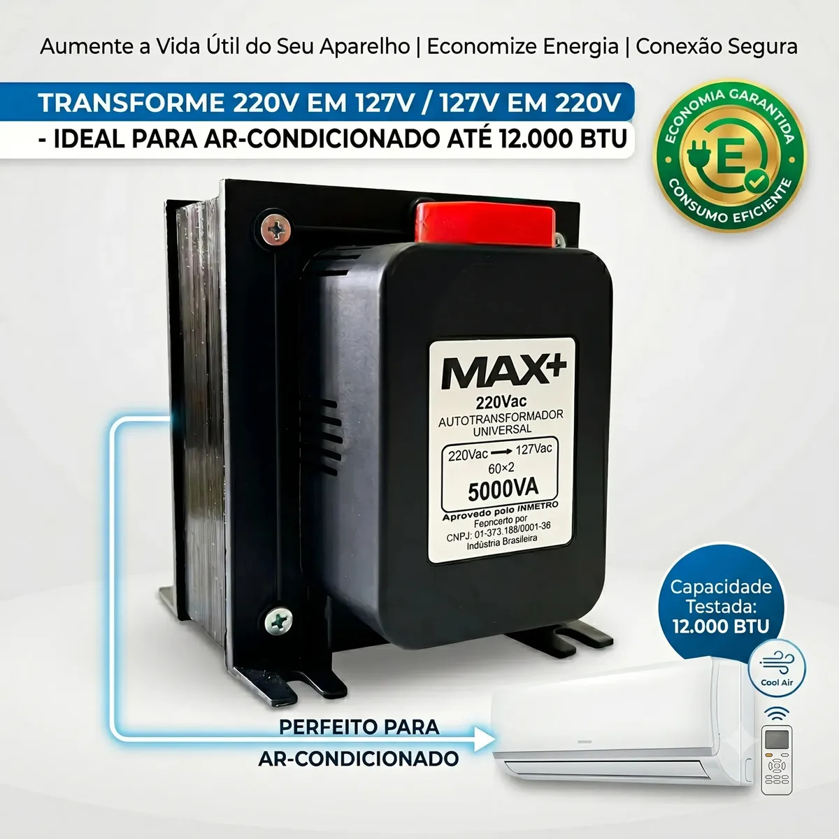 Transformador 110-220 Volts Para Ar Até 12000 Btus Max+ Potência 5000va Bivolt Geladeira Microondas Air Fryer Impressora Brother Preto