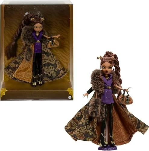 Boneca Monster High da Casa do Lobo Clawdeen Colecionável com Casaco Jacquard de Pele Sintética, Vestido Blazer Roxo, Pantaboots e Acessórios Dourados, JDR66