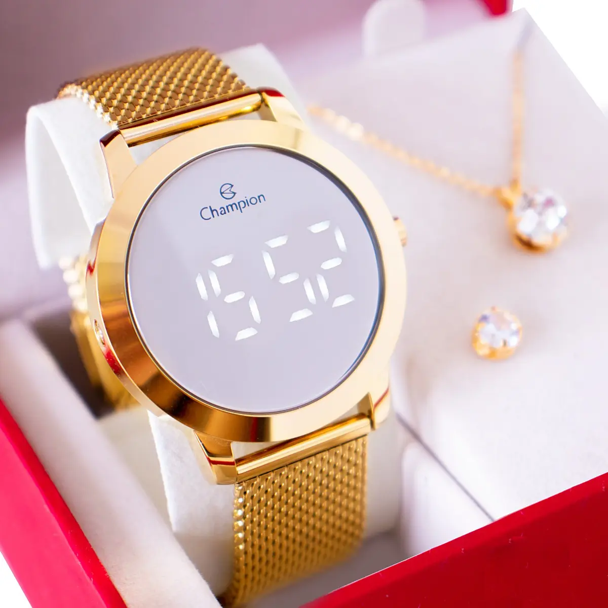 Kit Relógio Feminino Dourado Champion Digital Espelhado Colar E Brincos Com Correia em Aço Inoxidável Prova DAgua 50 Metros