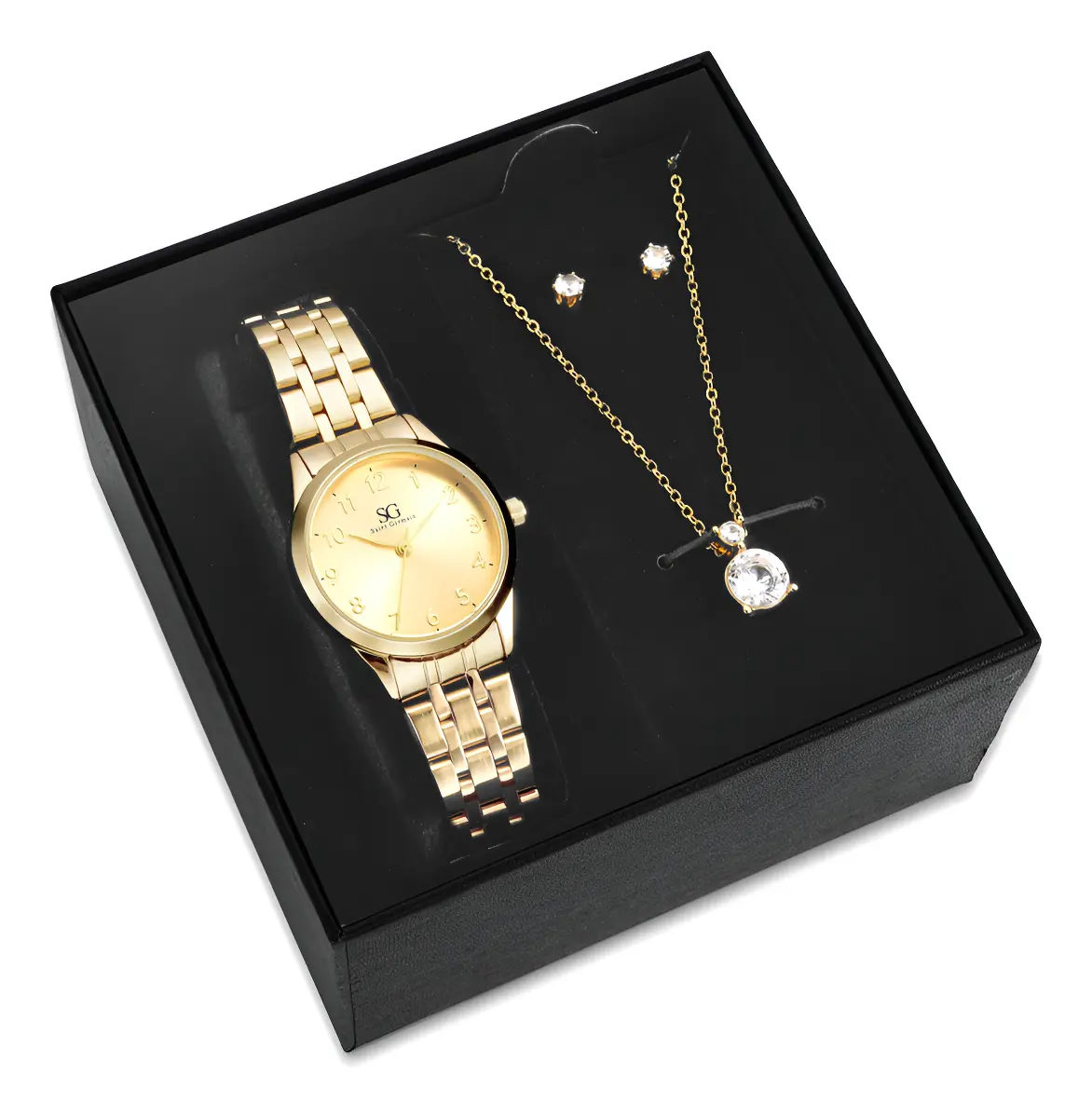 Kit Relógio Colar E Brincos Ponto De Luz Dourado Feminino Luxo Golden Saint Germain Presente Original Joias Elegante Clássico 28mm