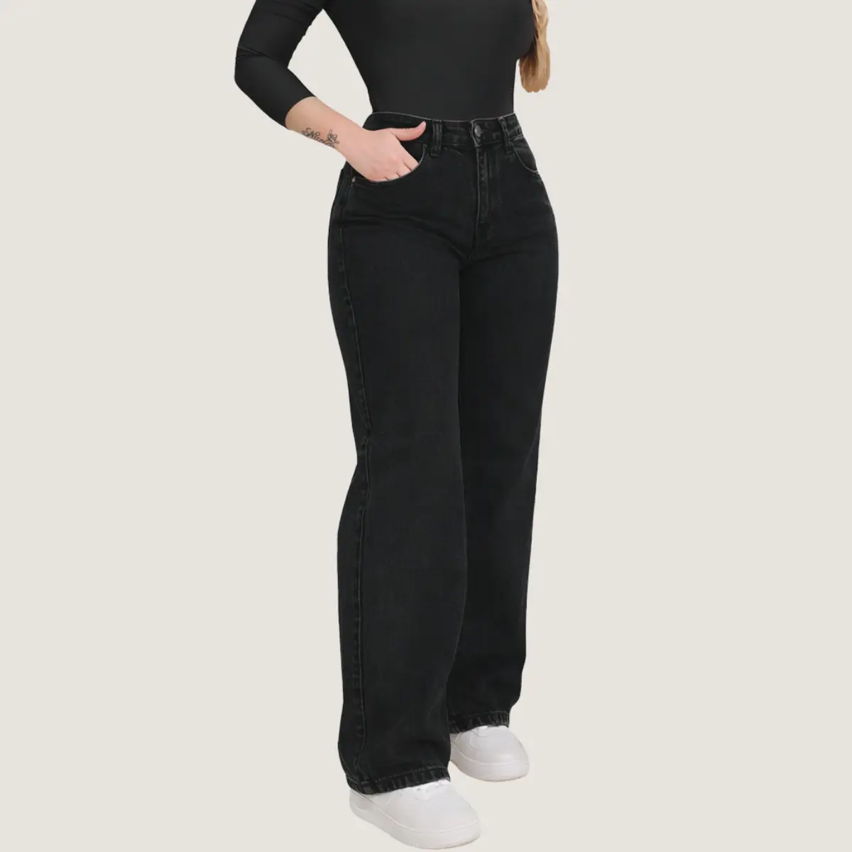 Calça Jeans Feminina Wide Leg Pantalona Cinza Grafite