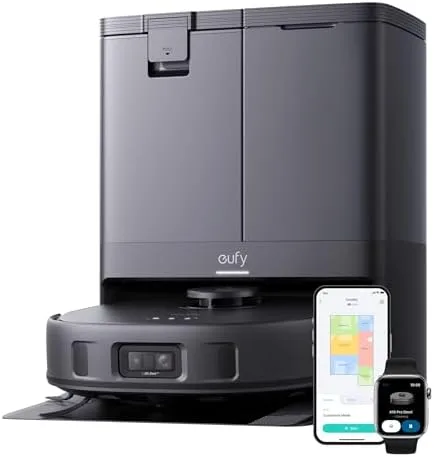 eufy X10 Pro Robô aspirador, Aspiração forte, Evita obstáculos com Laser e IA, Lava e seca sozinho, Esvazia e repõe água automaticamente, Escovas antiembaraço, Perfeito para casas com pets, 220V.