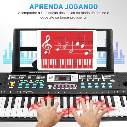 Teclado Musical Digital, 61 Teclas Iluminadas,Piano Digital para Iniciantes, modo de ensino, 200 Tons, 60 canções de demonstração, microfone, suporte musical, Bateria Recarregável