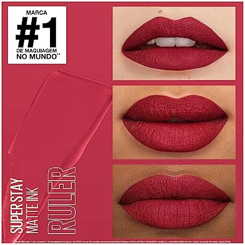 Maybelline SuperStay Matte Ink Batom Líquido Matte Longa Duração 16H com Aplicador Preciso, Não Transfere e Cor Intensa, Acabamento Matte Confortável, Cor 80 Ruler Rosa Avermelhado, 5ml