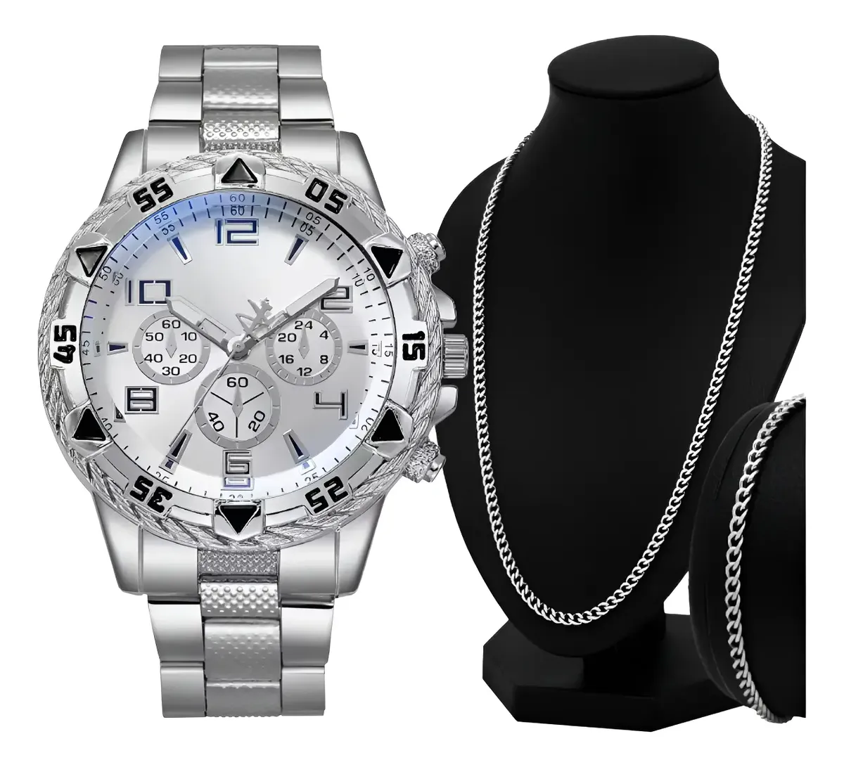 Relógio Masculino Prova D'água Quartzo Kit Corrente Pulseira Prata