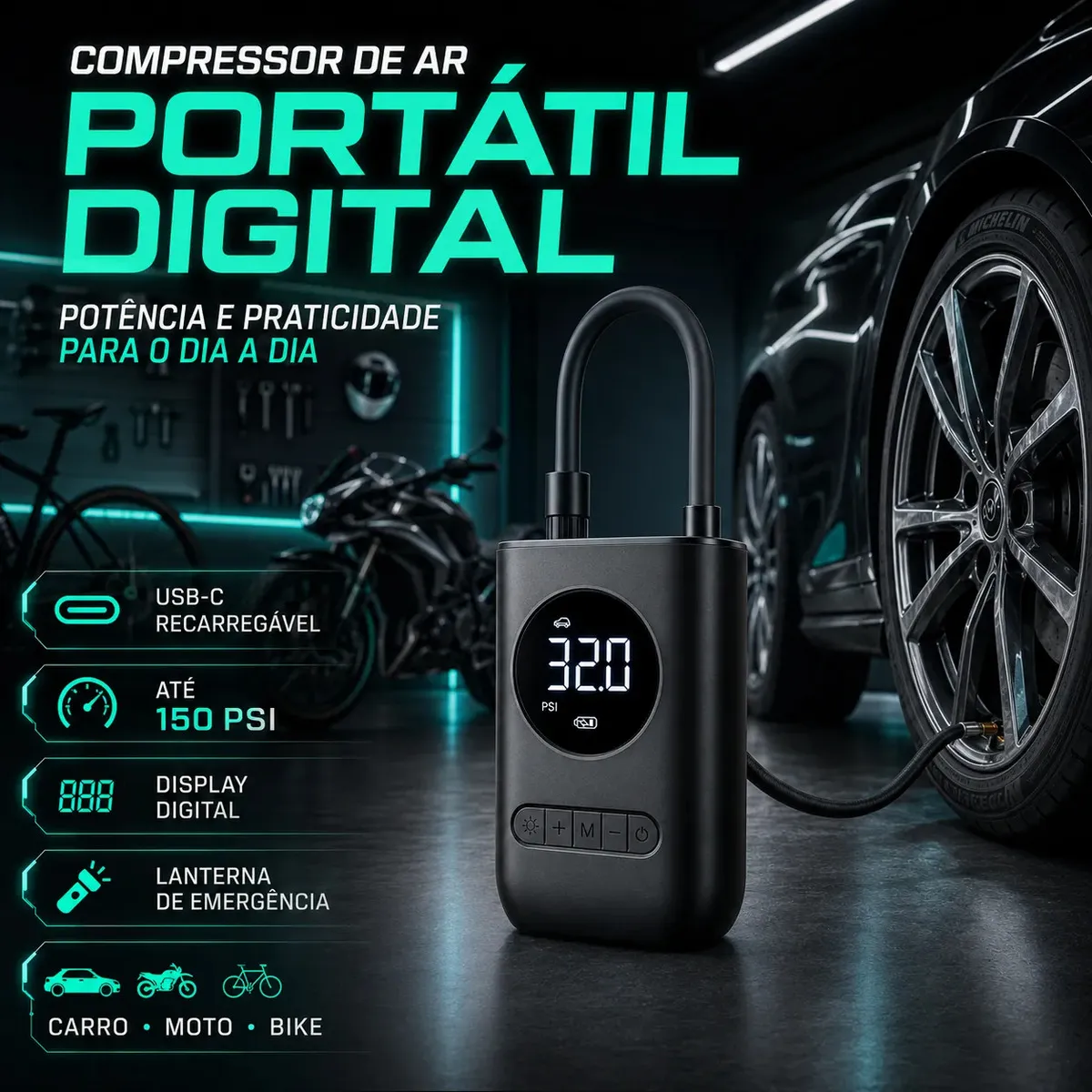 Compressor De Ar Portátil Digital Bhcases 80w Usb-c Para Carro Moto Bike Preto 127/220v 60 Hz Monofásica