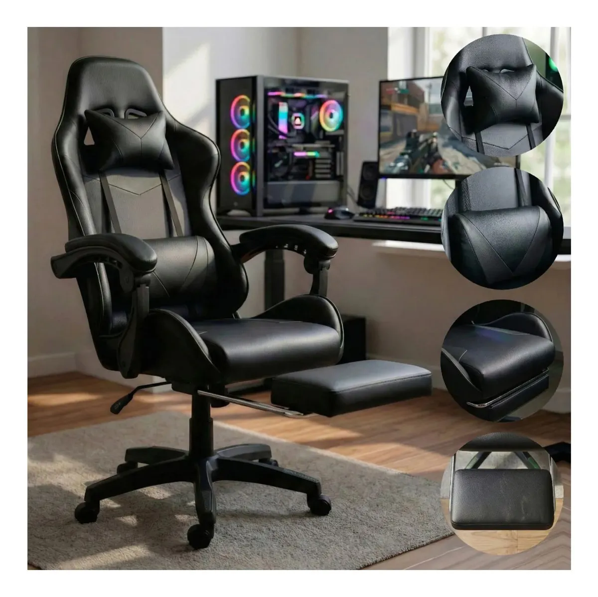 Cadeira Gamer Ergonômica Preta Reclinável Com Apoio Dos Pés Led Tools Couro Sintético Preto