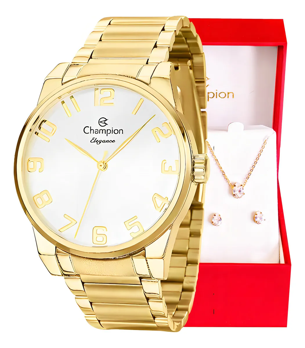 Kit Relógio Feminino Champion Dourado Analógico CN27652W Pulseira em Aço Inoxidável Prova D´Agua 50 Metros + Colar e Brincos Presente Perfeito