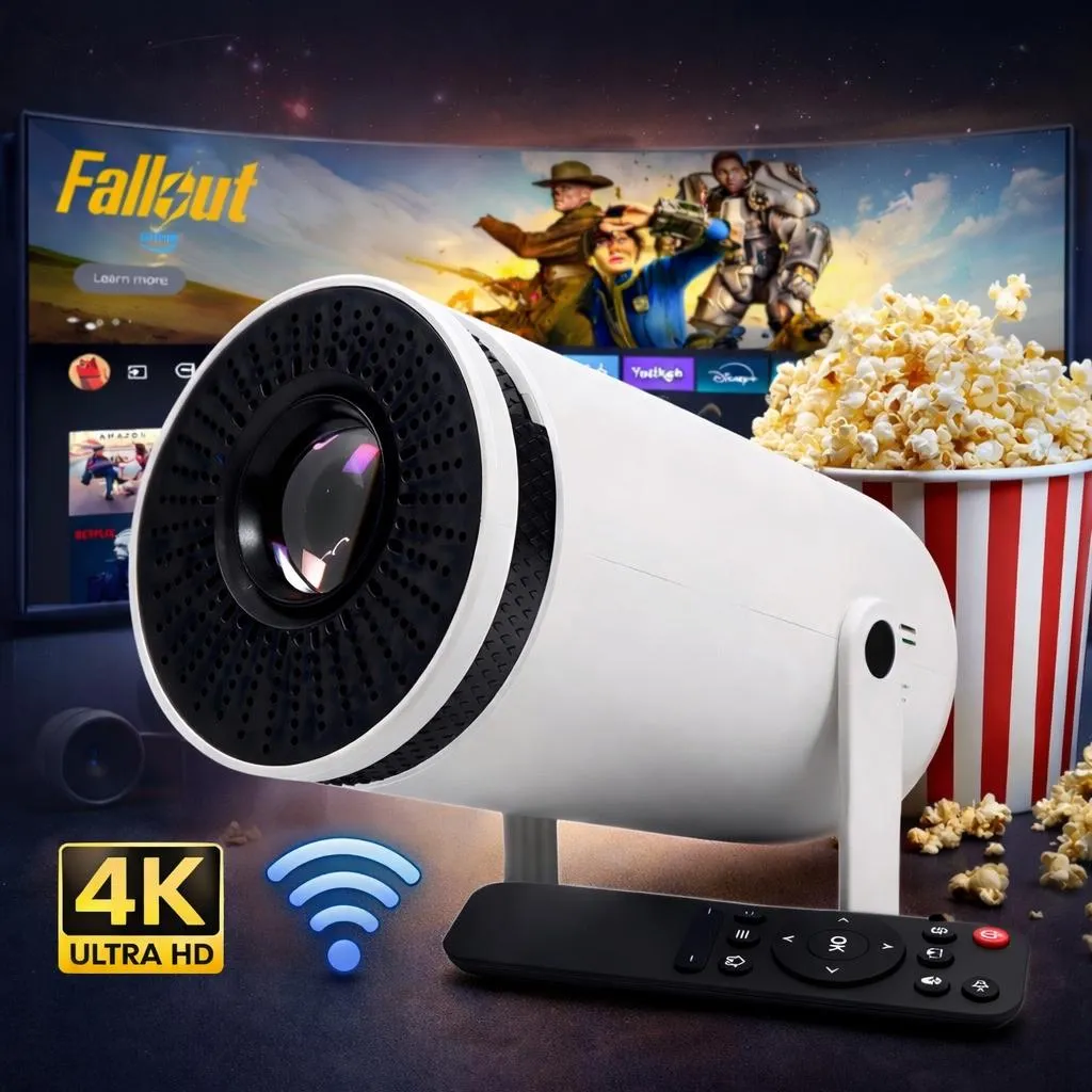 Projetor Portátil VLX HY300 Smart Android 11 Wi-Fi Bluetooth, Branco, com Imagem HD 720p e Suporte a 4K