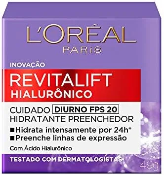 L'Oréal Paris Revitalift Hialurônico Creme Hidratante Facial Antirugas Diurno, Reduz Linhas Finas, Uniformiza a Pele, Melhora a Textura e Firmeza, 49g