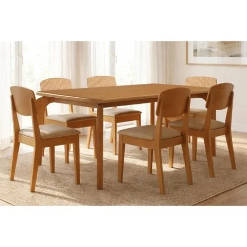 Sala Jantar Mesa Londrina Tampo Curvo 180cm+6 Cadeiras Havana Naturale - Linho Bege - Rufato