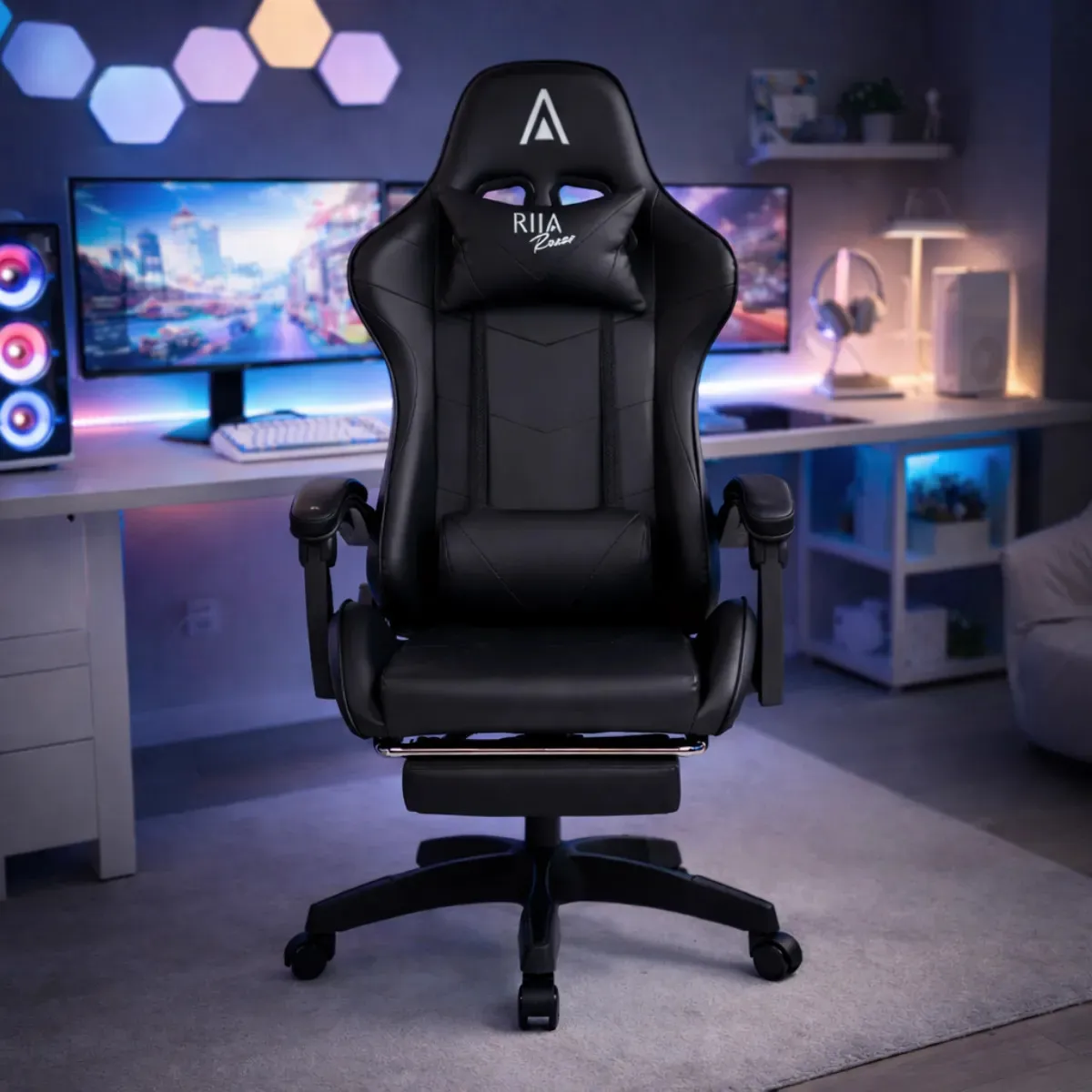 Cadeira Gamer Ergonômica Alpha Rija De Couro Sintético Preta Preto