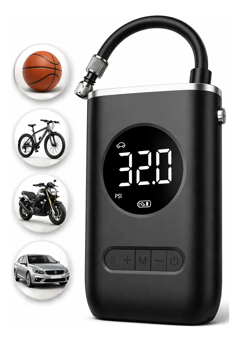 Mini Compressor Bomba Encher Pneu Carro Bicicleta Moto Eletrica Bola Portatil Digital Preto 127/220v