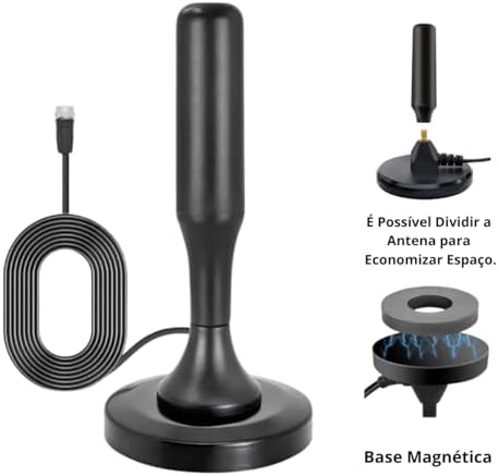 Antena Digital Interna e Externa para TV - HDTV 4K UHF VHF Smart TV, Led, LCD, 3D, Cabo 5 Metros, Com Base de Imã e Resistente a Água