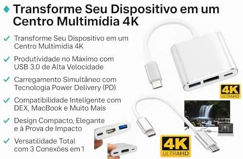 Adaptador USB-C para HDMI 4K, USB 3.0 e Carga PD - Compatibilidade com MacBook, Thunderbolt 3 e DEX Android - Eleva Sua Experiência Multimídia Oferece Carga Rápida Vende Mais
